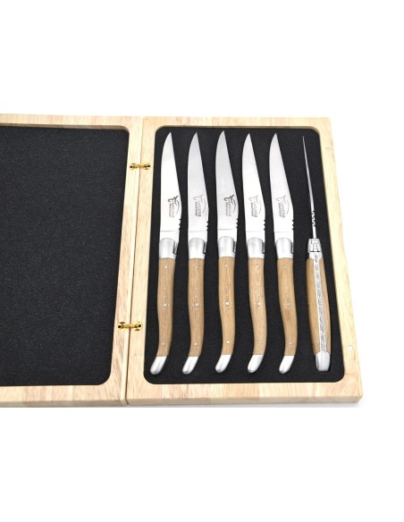 Laguiole Steakmesser, breiterer Griff aus Fasseiche, Heftbacken aus mattem Edelstahl