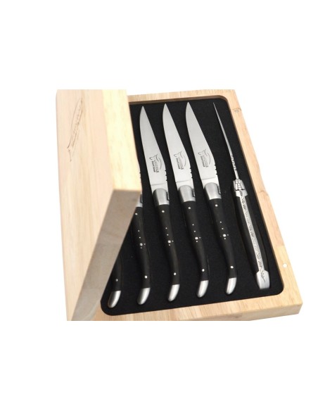 Laguiole steak knives with matt stainless steel bolsters. Wide ebony wood handles