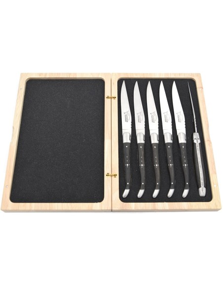 Laguiole steak knives with matt stainless steel bolsters. Wide ebony wood handles