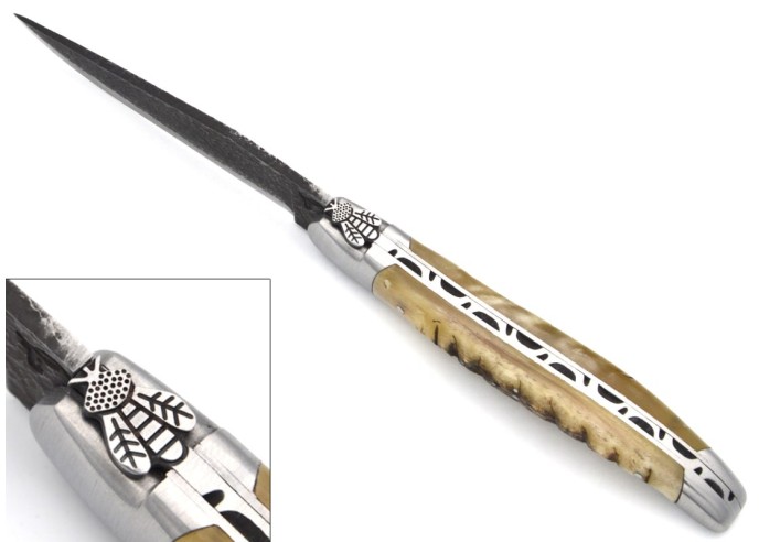 Laguiole Klappmesser 12cm, Gefräste Biene Nr.1, Griff aus Widderhorn, Mattem Edelstahl