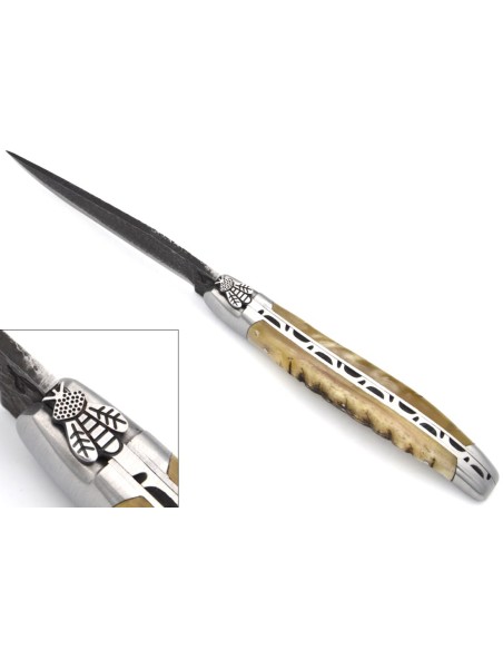 Laguiole pocket knife 12 cm, milled bee N°1, brut de forge blade, ram's horn handle with matt bolsters