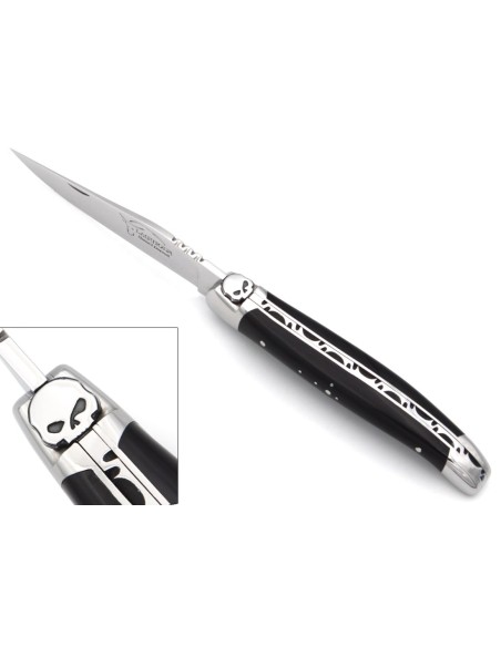 Laguiole Klappmesser, 11cm, Schädelkopf, Heftbacken aus glänzendem Edelstahl, Griff aus Hornspitze