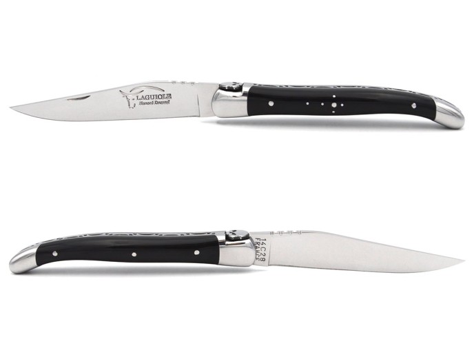 Laguiole pocket knife, 11 cm, skull, dark horn tip handle with shiny bolsters