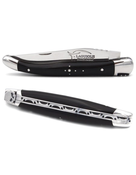 Laguiole pocket knife, 11 cm, skull, dark horn tip handle with shiny bolsters