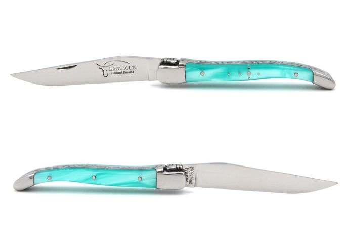 Laguiole pocket knife, 10 cm, welded bee, turquoise acrylic handle with shiny bolsters