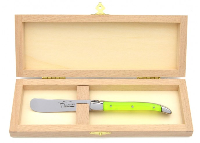 Laguiole butter knife with shiny stainless steel bolsters. Slim handle in Acrylic - Fluo yellow