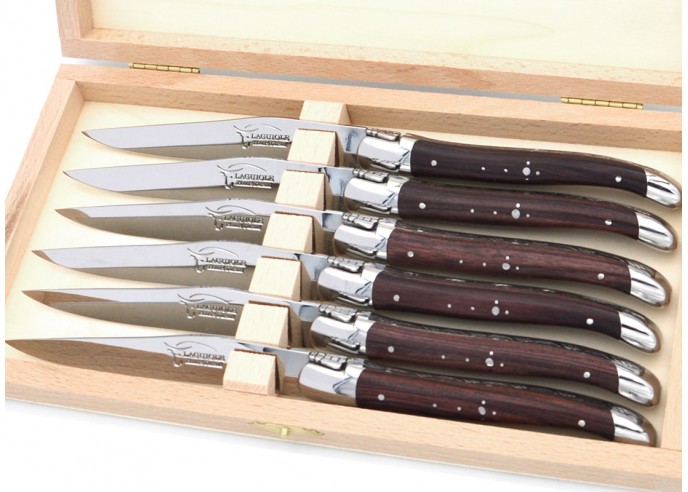 Coffret de couteaux de table de Laguiole, manche fin en bois de violette avec mitres inox brillant