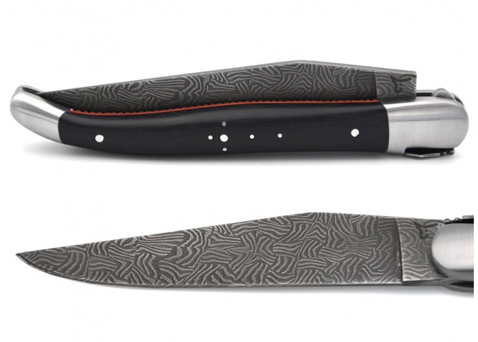 Laguiole folding knife 12 cm, Mosaic Damascus steel blade, chiseled bee and spring, ebony handle & red spacer