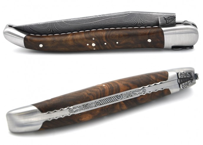 Laguiole folding knife 12 cm, Damascus steel blade, chiseled bee and spring, walnut handle