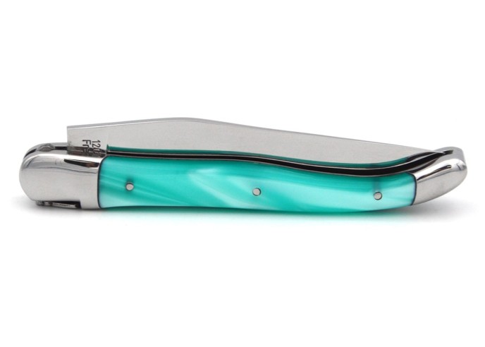 Laguiole pocket knife, 12 cm, welded bee, turquoise acrylic handle with shiny bolsters