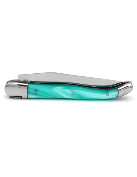 Laguiole pliant 12 cm, abeille soudée, lame seule, manche en acrylique turquoise avec finition inox brillant
