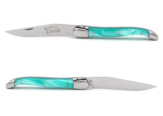 Laguiole pocket knife, 12 cm, welded bee, turquoise acrylic handle with shiny bolsters
