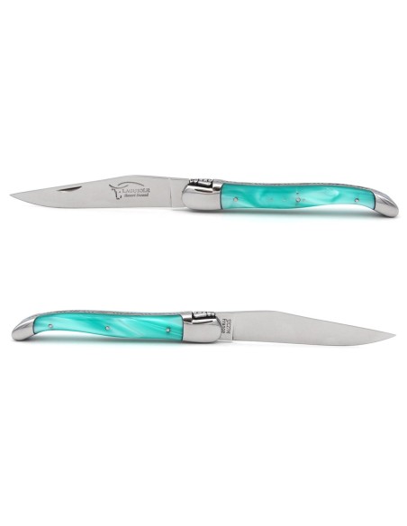 Laguiole pliant 12 cm, abeille soudée, lame seule, manche en acrylique turquoise avec finition inox brillant