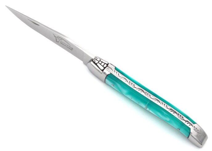 Laguiole Klappmesser, 12cm, Geschweißte Biene, Heftbacken aus glänzendem Edelstahl, Griff aus Acryl, türkis