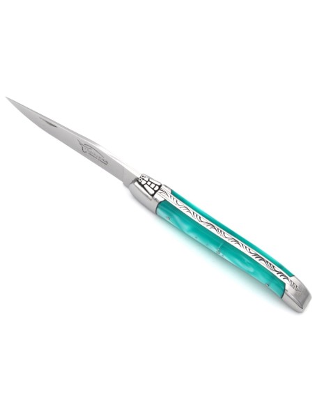 Laguiole pliant 12 cm, abeille soudée, lame seule, manche en acrylique turquoise avec finition inox brillant