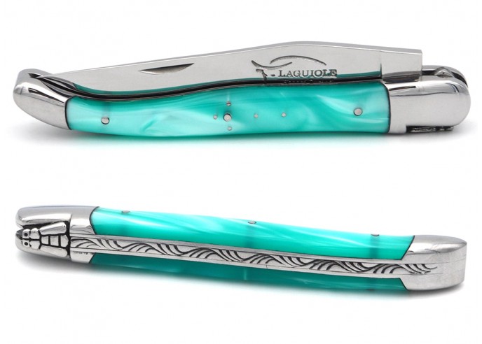 Laguiole pocket knife, 12 cm, welded bee, turquoise acrylic handle with shiny bolsters