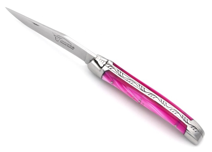 Laguiole pocket knife, 11 cm, welded bee,  pink acrylic handle with shiny bolsters