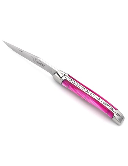 Laguiole pliant 11cm, abeille soudée, manche en acrylique rose
