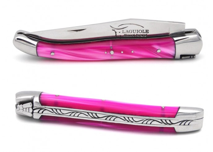 Laguiole pocket knife, 11 cm, welded bee,  pink acrylic handle with shiny bolsters