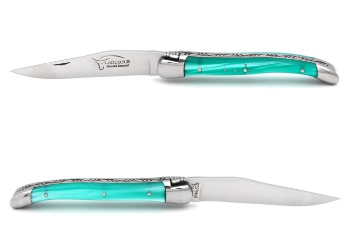 Laguiole pocket knife, 11 cm, welded bee, turquoise acrylic handle with shiny bolsters