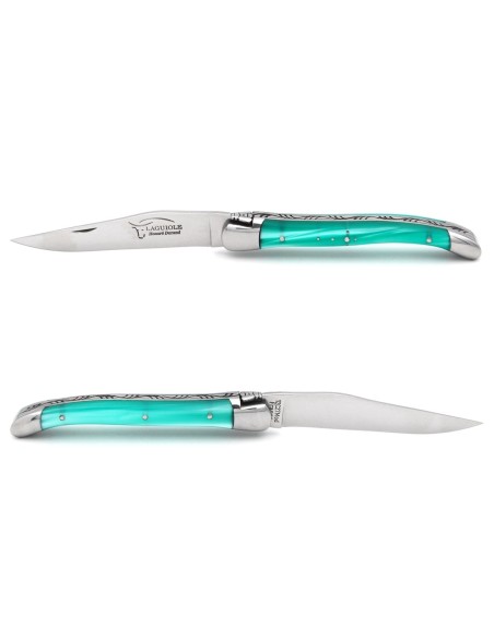 Laguiole pocket knife, 11 cm, welded bee, turquoise acrylic handle with shiny bolsters