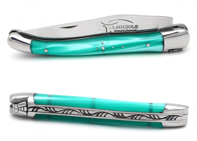 Laguiole pocket knife, 11 cm, welded bee, turquoise acrylic handle with shiny bolsters