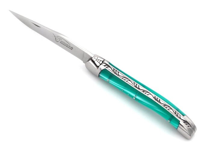 Laguiole pliant 11 cm, abeille soudée, manche en acrylique turquoise