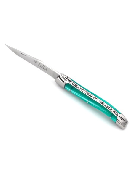 Laguiole pliant 11 cm, abeille soudée, manche en acrylique turquoise