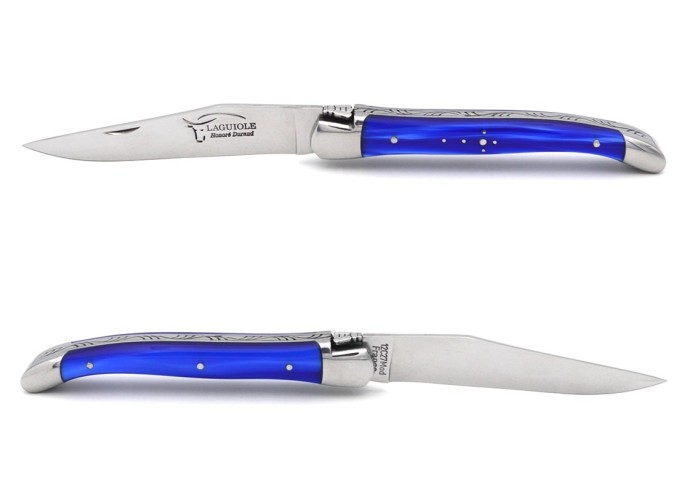 Laguiole pocket knife, 11 cm, welded bee, gypsy blue acrylic handle with shiny bolsters