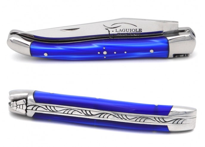 Laguiole pocket knife, 11 cm, welded bee, pearly blue acrylic handle with shiny bolsters