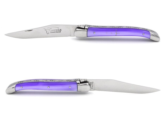 Laguiole pocket knife, 11 cm, welded bee, pearly purple acrylic handle with shiny bolsters