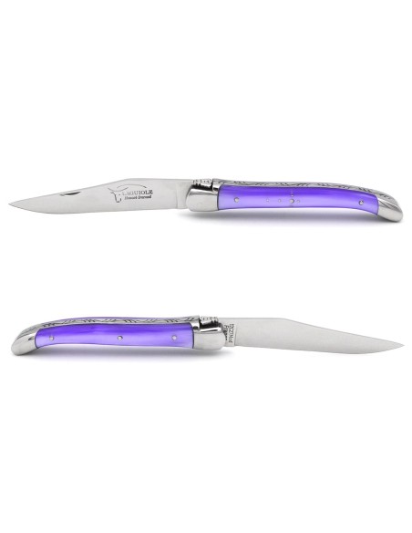 Laguiole pocket knife, 11 cm, welded bee, pearly purple acrylic handle with shiny bolsters