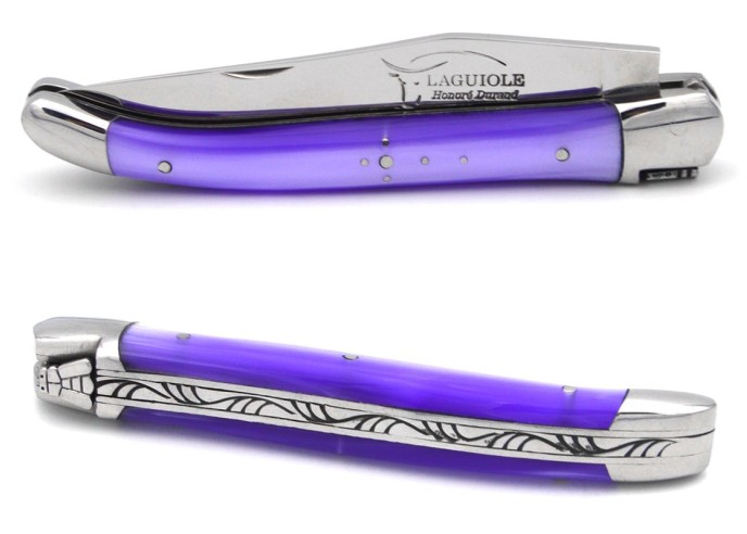 Laguiole pocket knife, 11 cm, welded bee, pearly purple acrylic handle with shiny bolsters