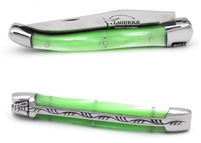 Laguiole pocket knife 11 cm, welded bee, pearly green acrylic handle with shiny bolsters