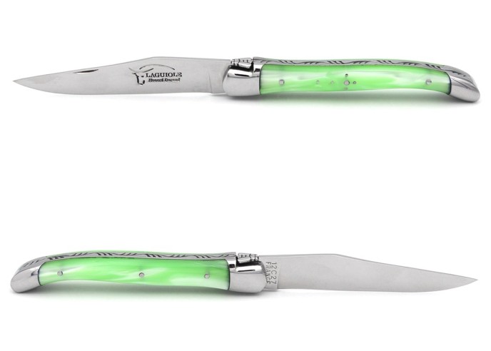 Laguiole pocket knife, 11 cm, welded bee, pearly green acrylic handle with shiny bolsters