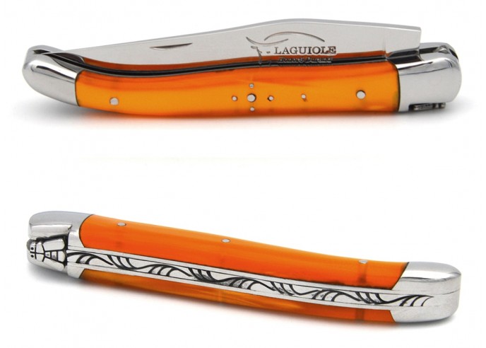 Laguiole pocket knife 11 cm, welded bee, pearly orange acrylic handle with shiny bolsters