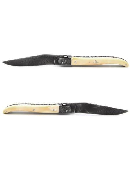 Laguiole Klappmesser 12 cm, Heftbacke und Klinge aus Damaststahl, Feder mit Meißel gemeißelt, Griff aus Warzenschweinzahn