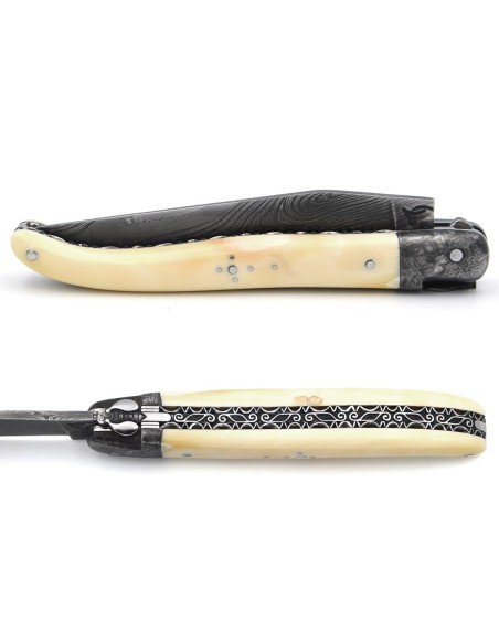Laguiole Klappmesser 12 cm, Heftbacke und Klinge aus Damaststahl, Feder mit Meißel gemeißelt, Griff aus Warzenschweinzahn