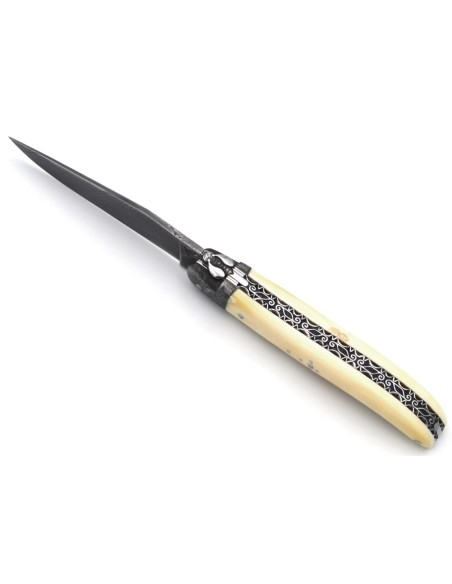 Laguiole folding knife 12 cm, damascus bolster and blade, chiselled spring, warthog tooth handle