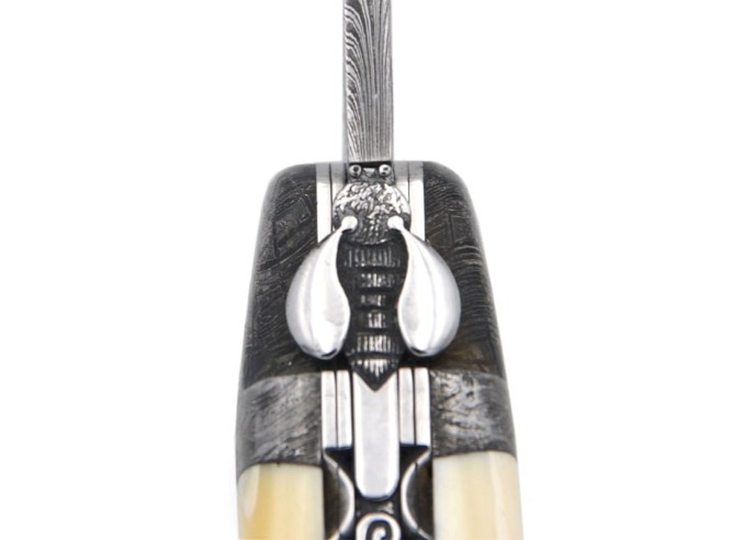 Laguiole folding knife 12 cm, damascus bolster and blade, chiselled spring, warthog tooth handle