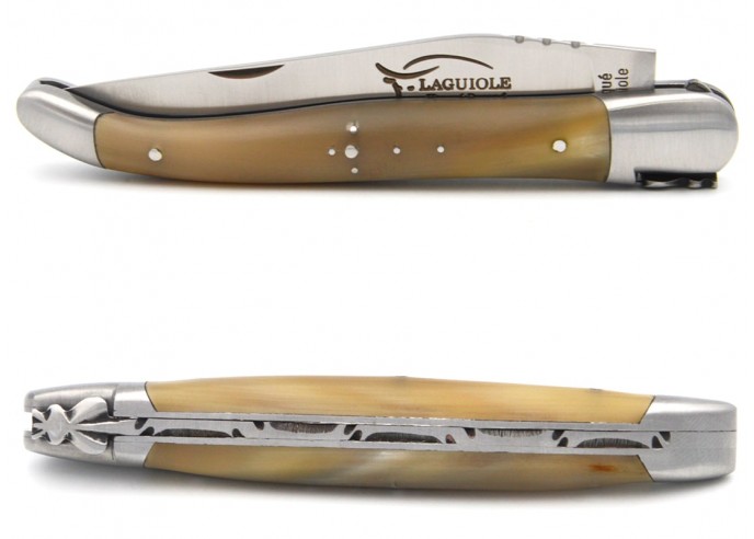 Laguiole pocket knife, 12 cm, forged bee, pale horn tip handle with matt bolsters