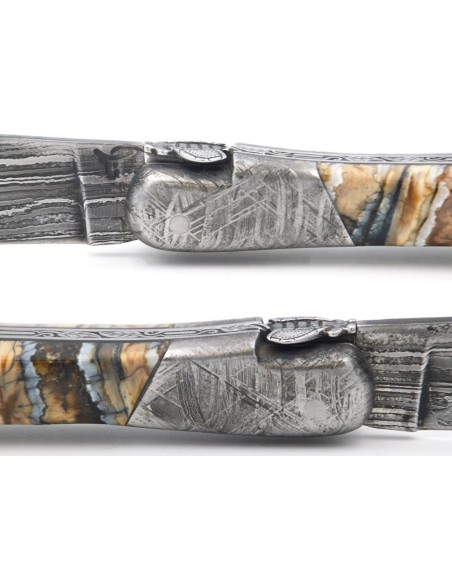 Laguiole pocket knife, 12 cm, "wild" Damascus steel blade,  bee and spring chiseled with file, 1 front meteorite steel bolster