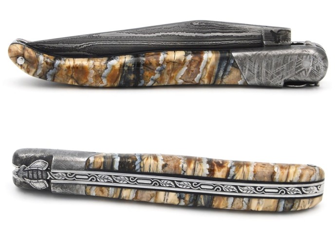 Laguiole pliant 12cm, acier Damas Sauvage,  1 mitre avant acier météorite