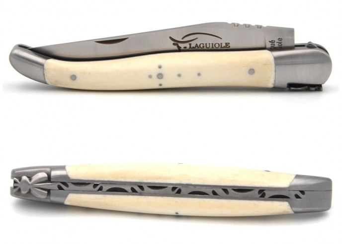Laguiole pocket knife, 12 cm, forged bee, bovine bone handle with matt stainless steel bolsters