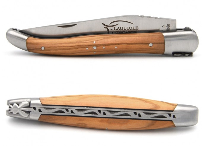 Laguiole pocket knife, 12 cm, forged bee, olive wood handle & black spacer, matt bolsters