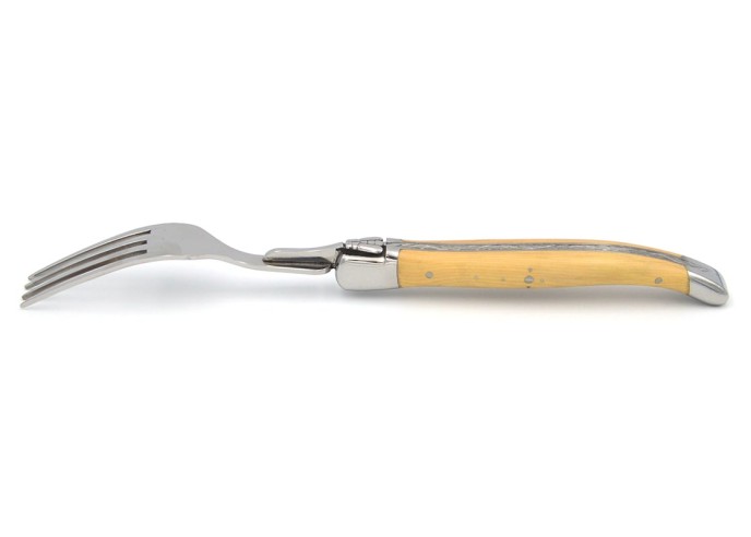 Laguiole forks with shiny stainless steel bolsters. Wide various wood handles