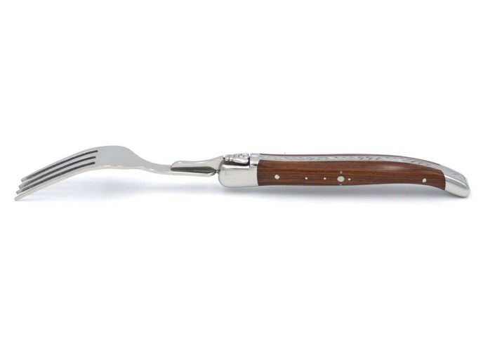 Laguiole forks with shiny stainless steel bolsters. Wide various wood handles