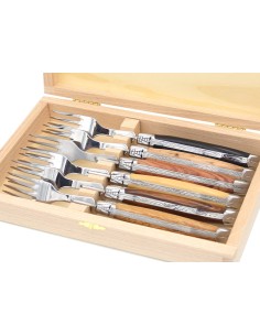 Laguiole Tafelgabeln, Heftbacken aus glänzendem Edelstahl, breiterer Griff aus Verschiedene Holzarten
