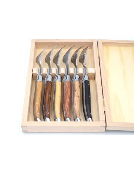 Laguiole Tafelgabeln, Heftbacken aus glänzendem Edelstahl, breiterer Griff aus Verschiedene Holzarten