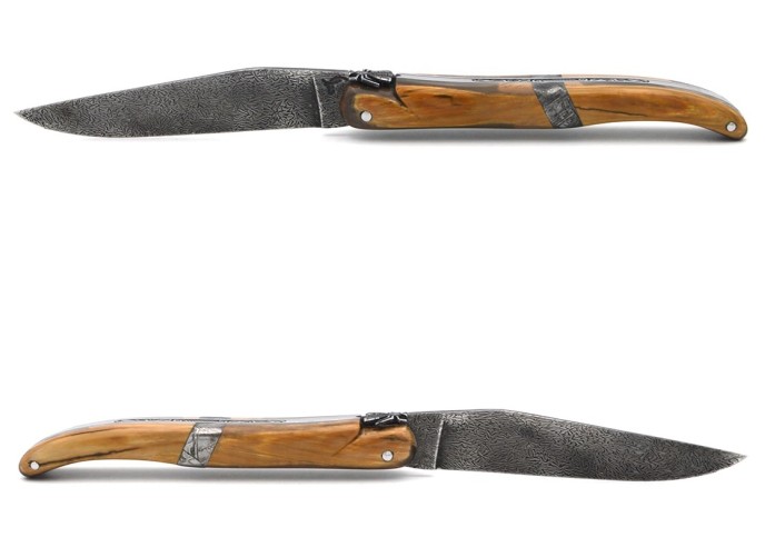Laguiole folding knife 12 cm, central bolster in meteorite, Damascus mosaic blade with a mammoth ivory handle